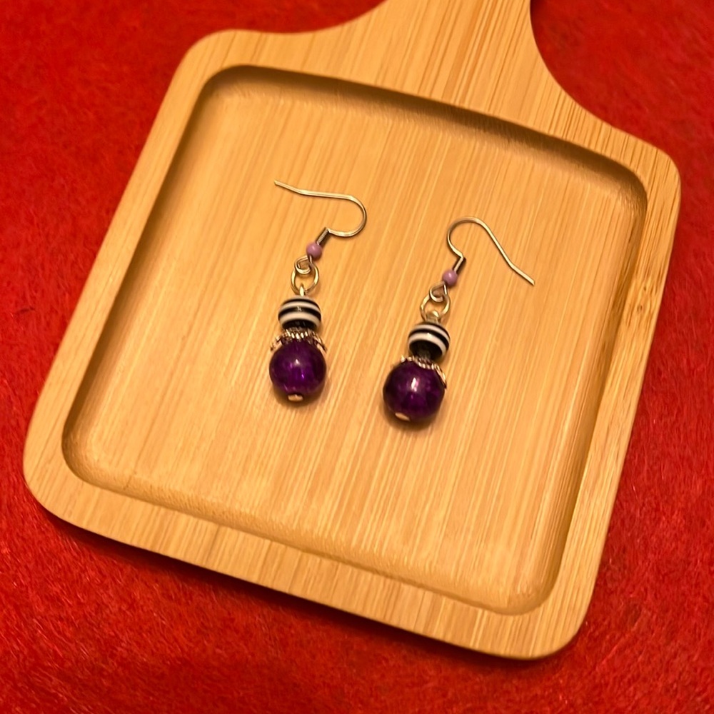 Black & White Stripes and Purple Beaded Earrings